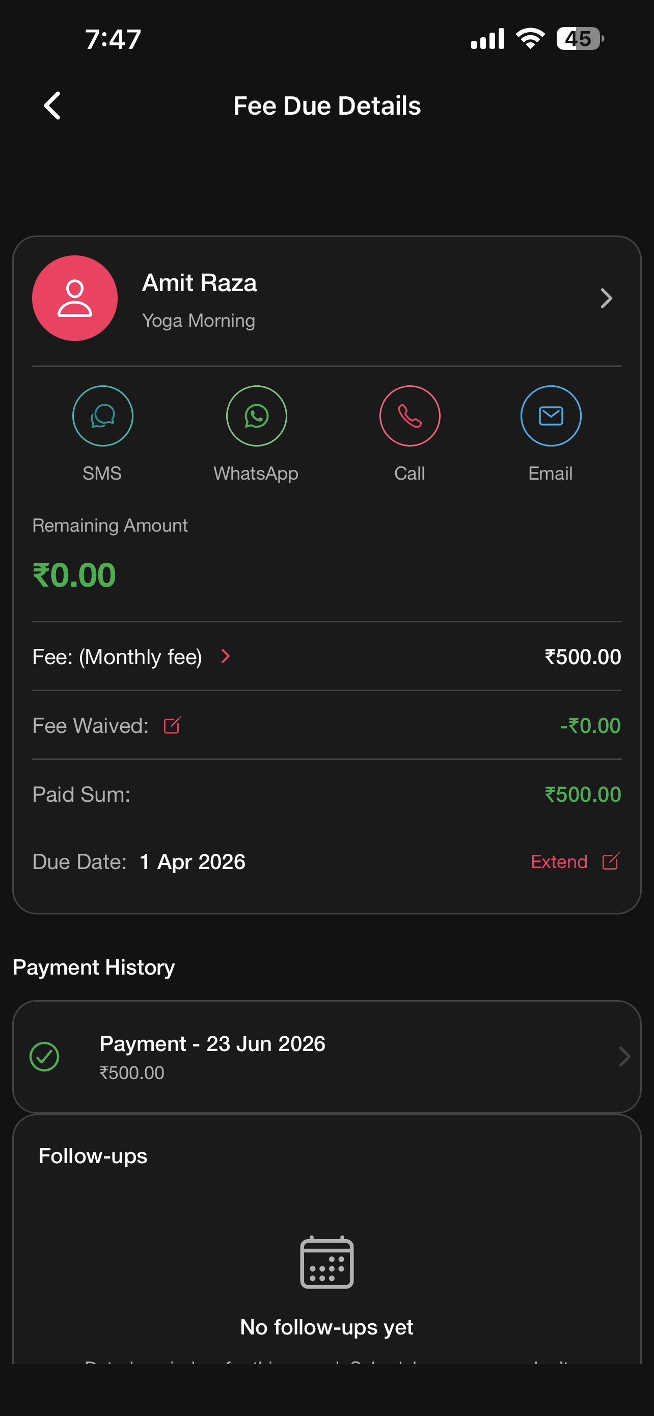 Fee due details with payment history