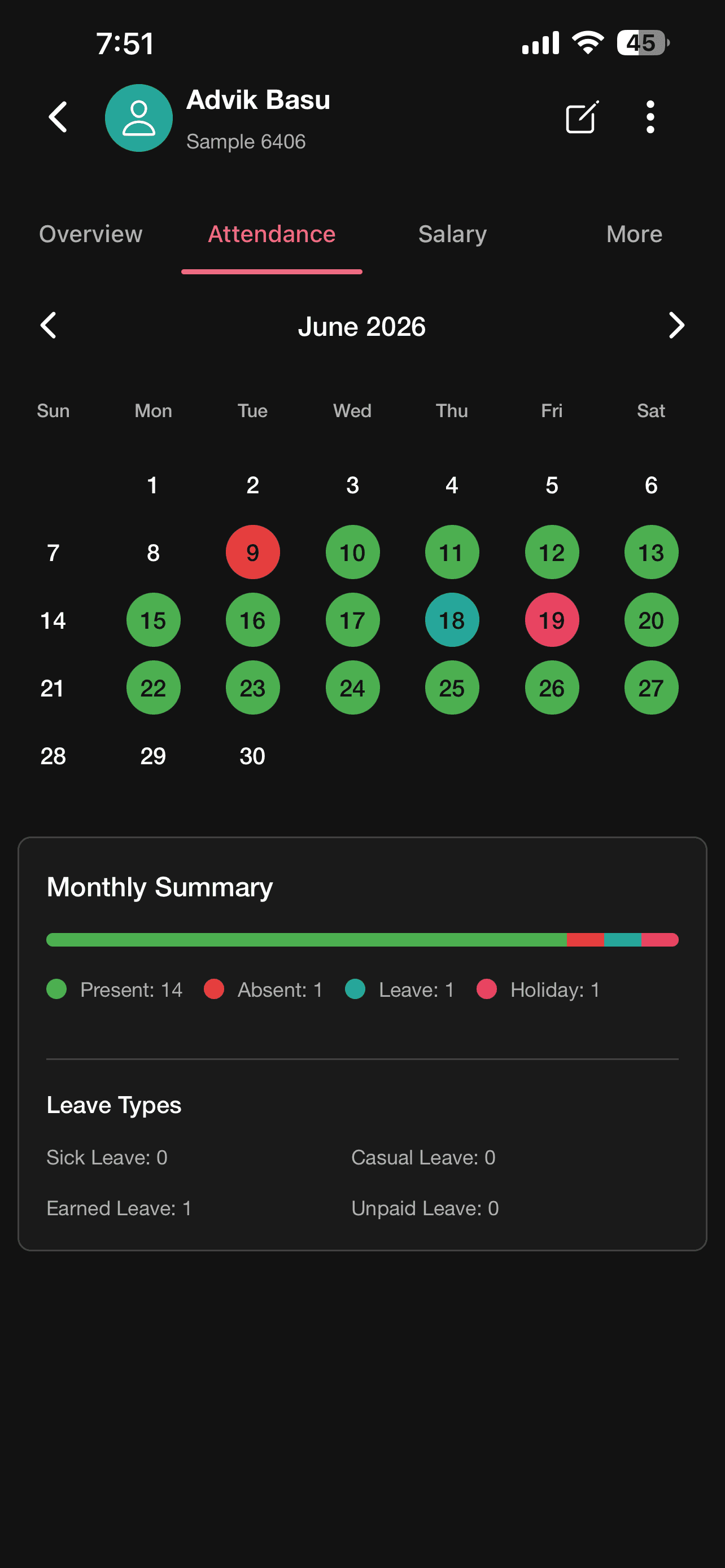 Staff attendance calendar